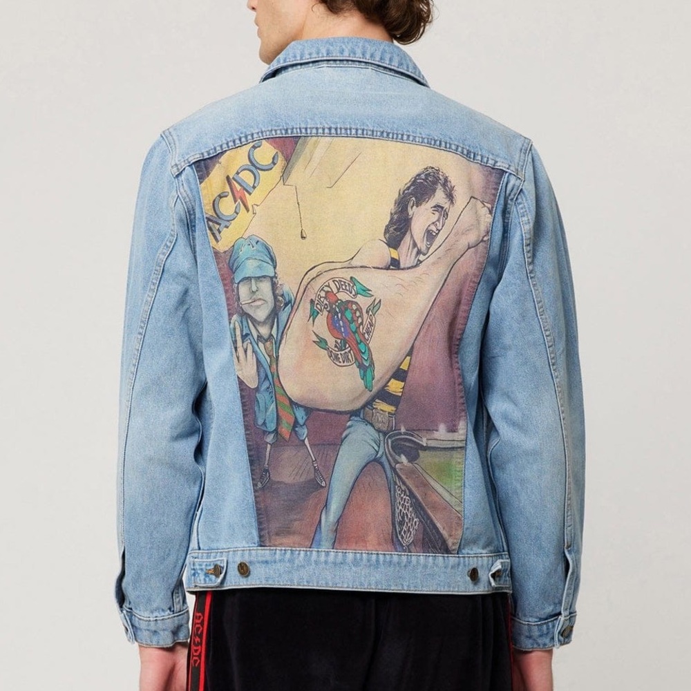 ROLLAS ACDC Dirt Cheap Art Jacket Men's Blue Denim Jacket with Graphic NWT M